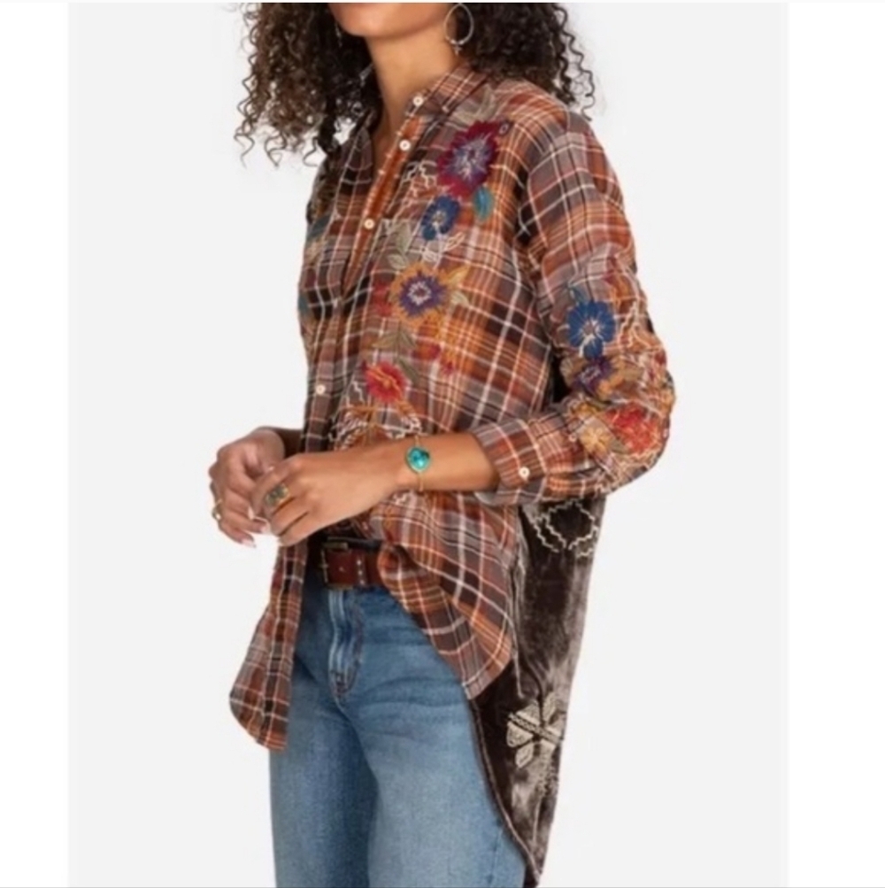 Johnny Was Olivia Plaid Velour Button-Down with Multicolor Floral Embroidery